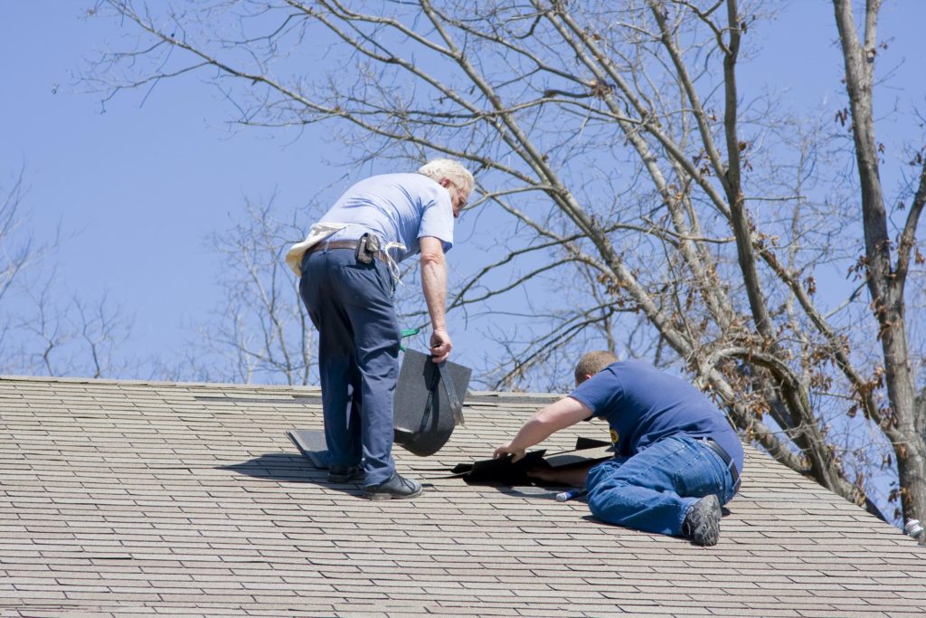 men are installing shingles roof